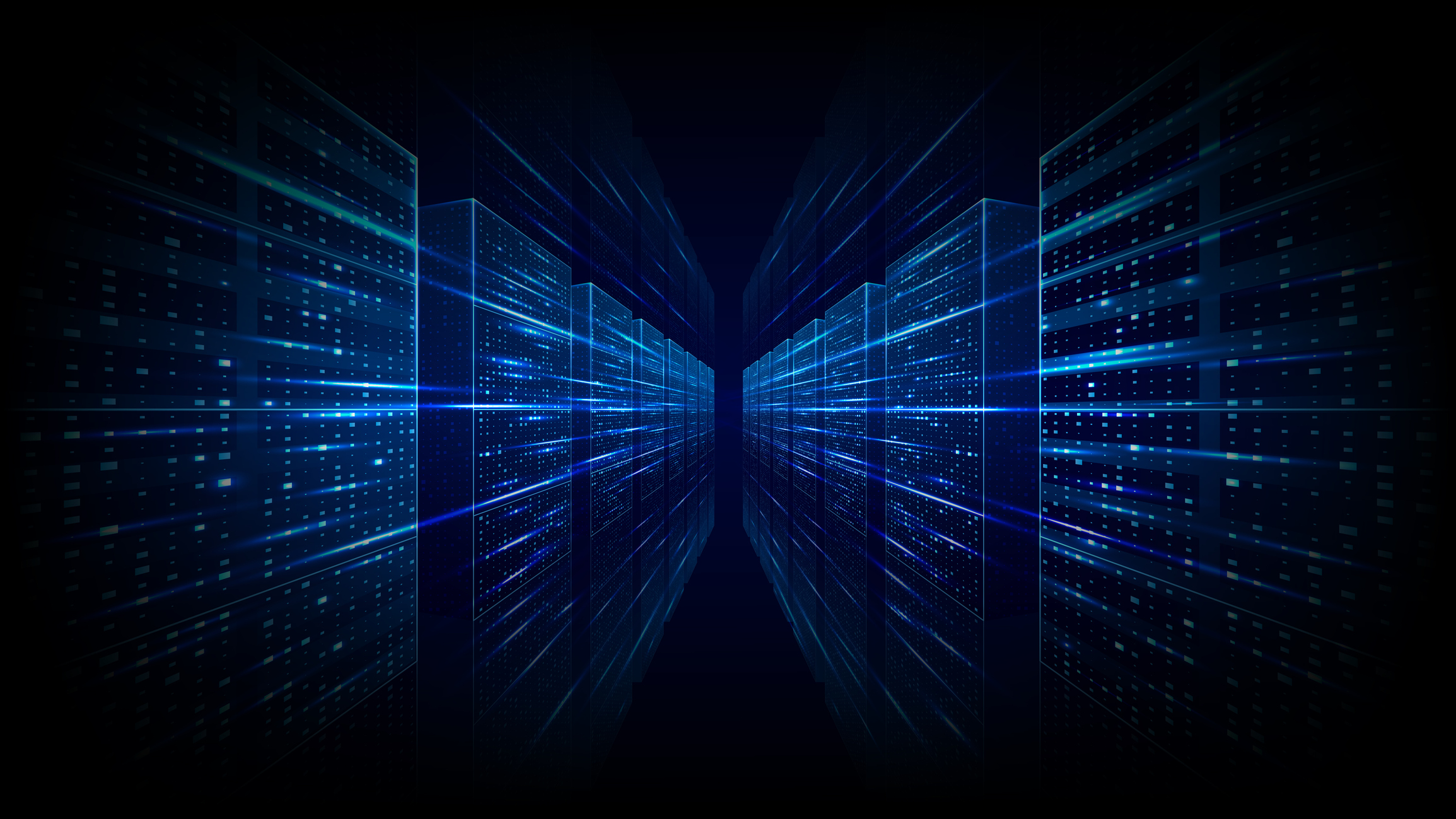 Abstract data server center room with AI cloud internet network